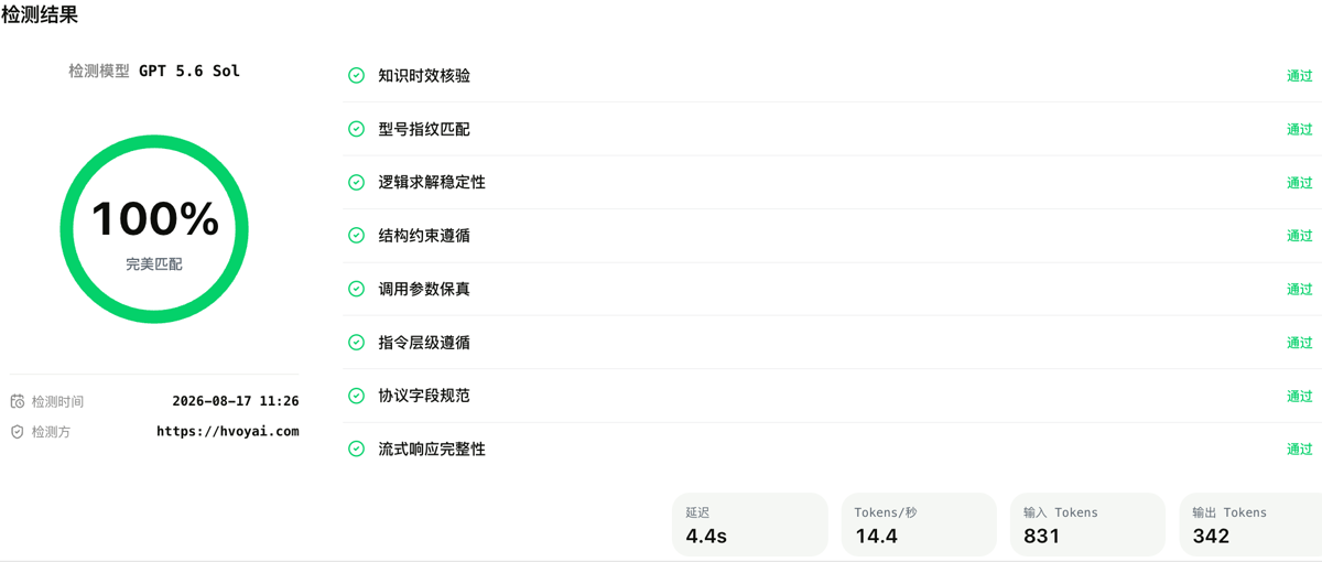 GPT-5.6 Sol 纯净度检测结果：100% 完美匹配